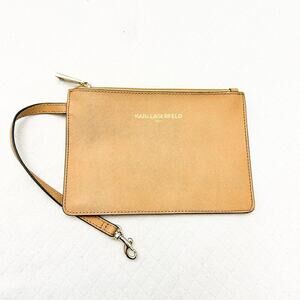 Karl Lagerfeld Tan Pebbled Faux Leather Zippered Wristlet Pouch Purse OS EUC